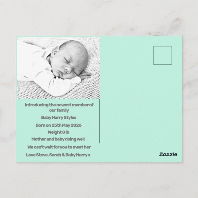 Postal recién nacido niño anuncio de nacimiento azul mora (Reverso)
