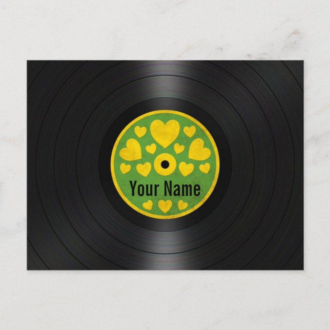 Postal Récord de vinilo personalizado del corazón verde y (Anverso)