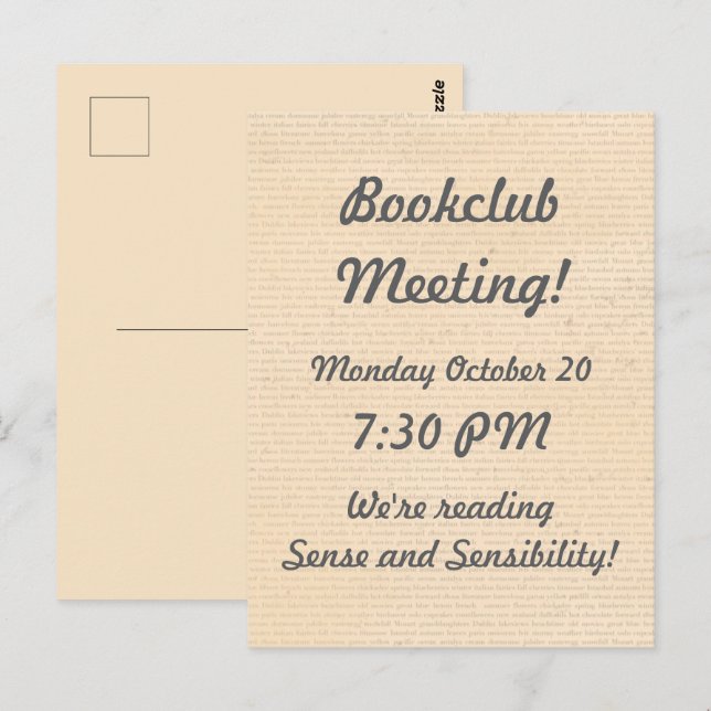 Postal Recordatorio del club de libros Vellum Look (Anverso / Reverso)