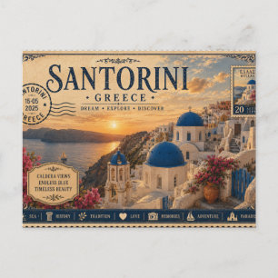Postal Recuerdo de vacaciones vintage de Santorini