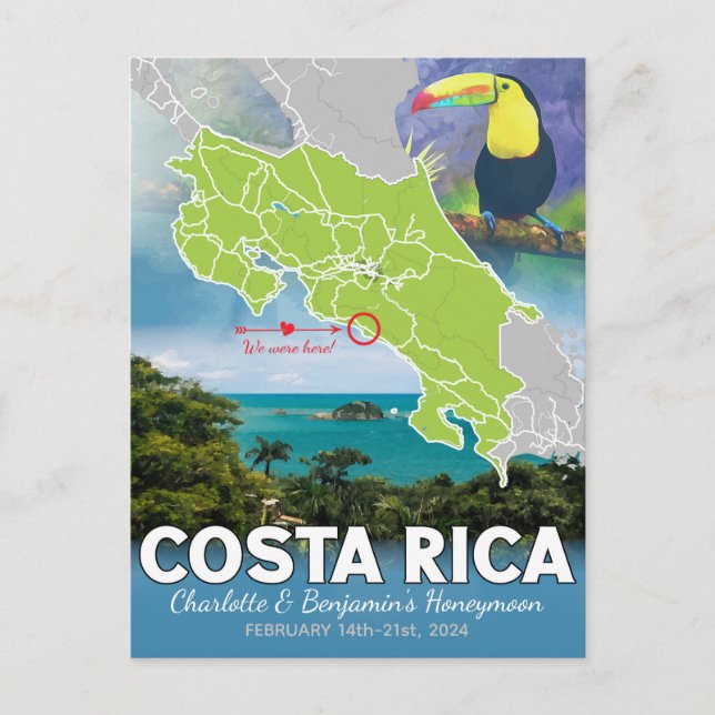 Postal Recuerdos de Luna de Miel Mapa de Costa Rica (Anverso)