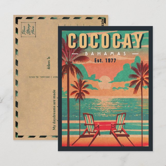 Postal Recuerdos de sol retro de CocoCay Bahamas de los a (Anverso / Reverso)