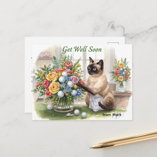 Postal Recupérate pronto con pelota de golf y flores  (Anverso/Reverso In Situ)