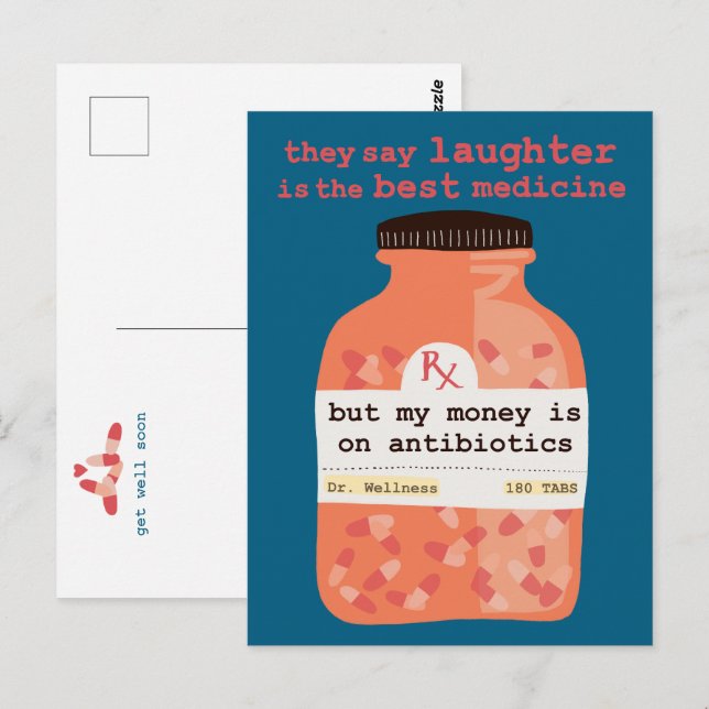 Postal Recupérate Pronto Risa vs Antibióticos PERSONALIZA (Anverso / Reverso)