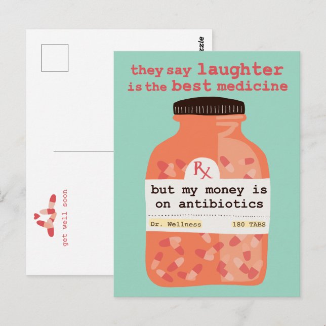 Postal Recupérate Pronto Risa vs Antibióticos PERSONALIZA (Anverso / Reverso)
