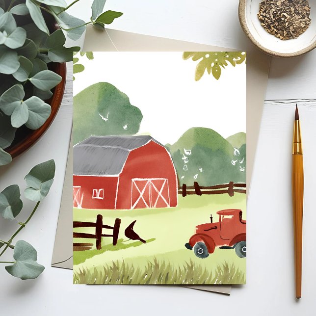 Postal Red Barn | Pintado de tractores de acuarela de gra (Subido por el creador)