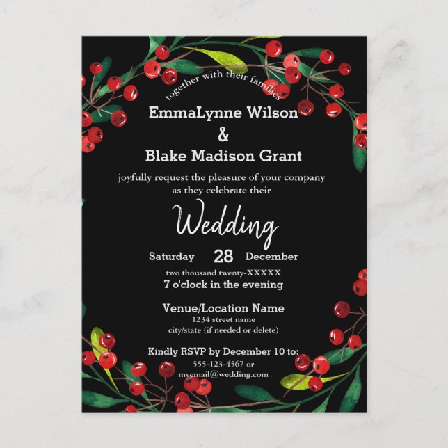 Postal Red Berries Green Wreath Black Silver Boda Invi (Anverso)