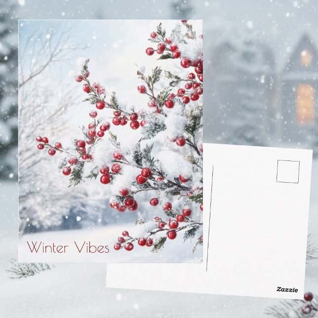 Postal Red Berries & Winter Snow Scene  (Subido por el creador)