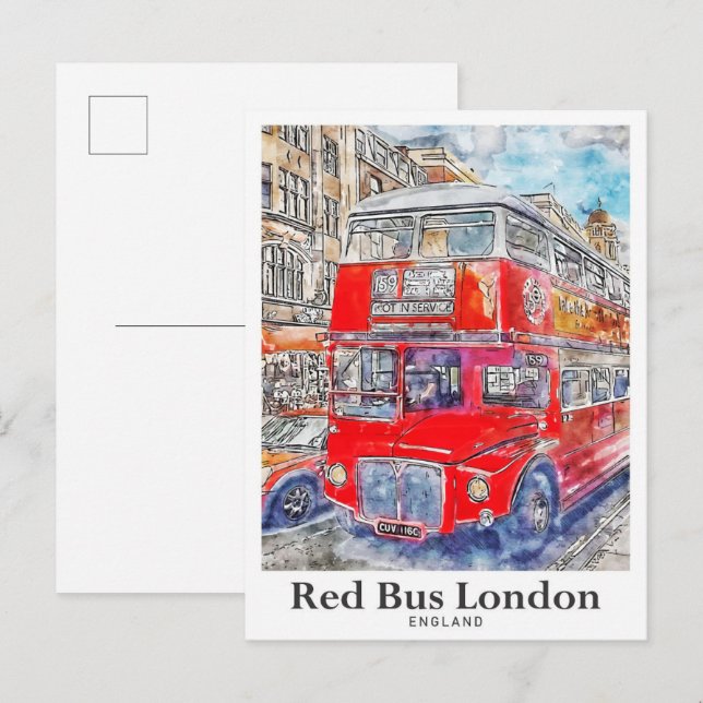 Postal Red Bus Londres Inglaterra Art Watercolor Mano des (Anverso / Reverso)