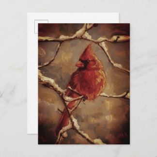 Postal Red Cardinal Bird Oil Painting – Winter Branch