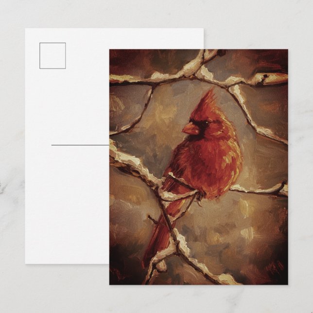 Postal Red Cardinal Bird Oil Painting – Winter Branch (Anverso / Reverso)