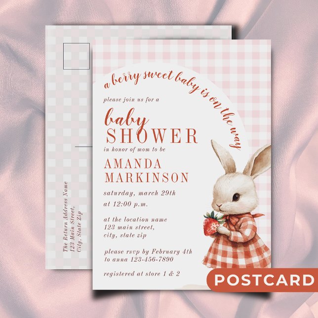 Postal Red Checkered Garden Berry Sweet Bunny Baby Shower (Subido por el creador)