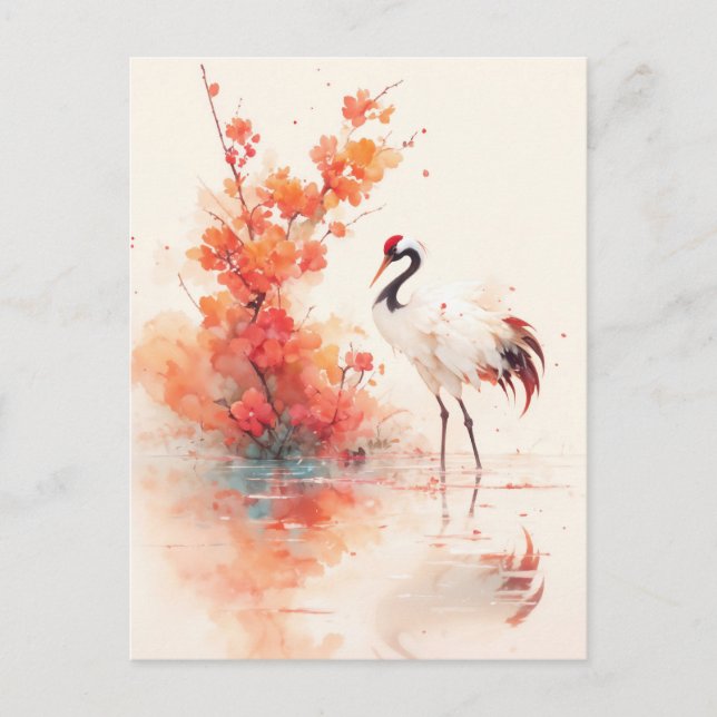 Postal Red Crowned Crane with Orange Blossom Branch (Anverso)
