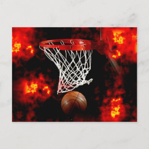 Postal Red de baloncesto, bola y llamas