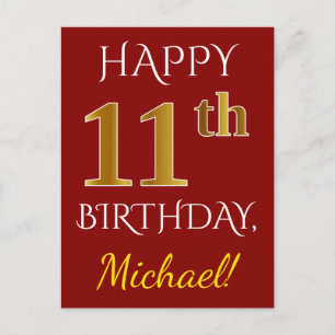 Postal Red, Faux Gold 11th Birthday + Nombre personalizad