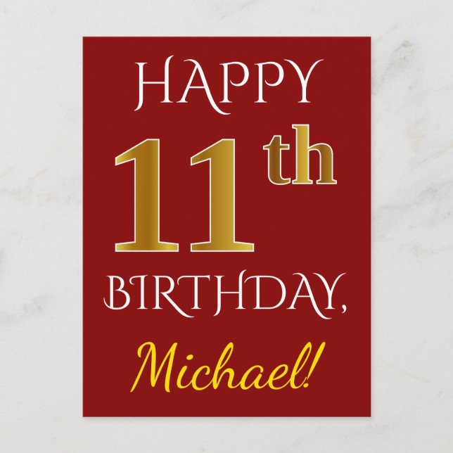 Postal Red, Faux Gold 11th Birthday + Nombre personalizad (Anverso)