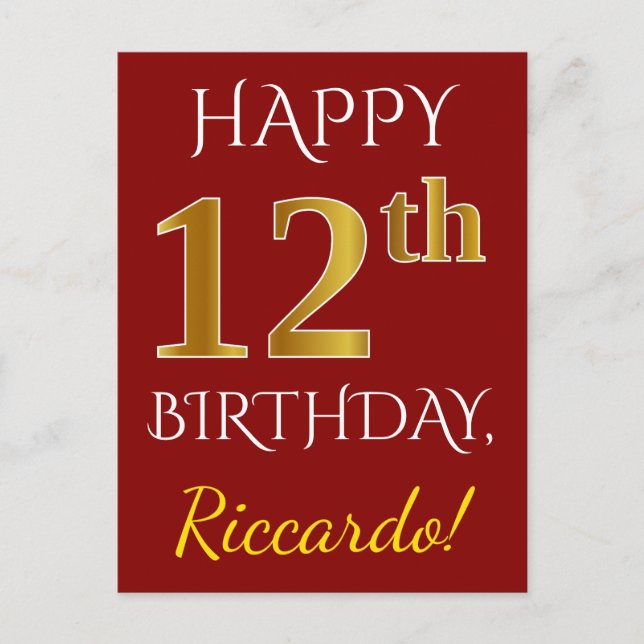 Postal Red, Faux Gold 12th Birthday + Nombre personalizad (Anverso)