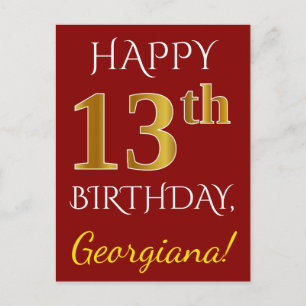 Postal Red, Faux Gold 13th Birthday + Nombre personalizad