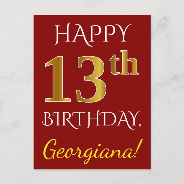 Postal Red, Faux Gold 13th Birthday + Nombre personalizad (Anverso)