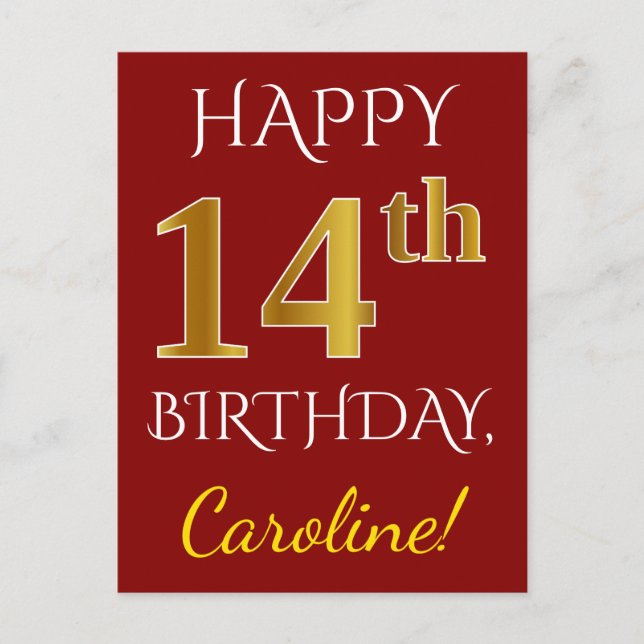 Postal Red, Faux Gold 14th Birthday + Nombre personalizad (Anverso)