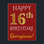 Postal Red, Faux Gold 16th Birthday   Nombre personalizad<br><div class="desc">Este sencillo y personalizado diseño de postal de cumpleaños incluye el mensaje "FELIZ CUMPLEAÑOS 16", con el "16" con un falso aspecto dorado. En la parte delantera también hay un nombre personalizado y un fondo rojo. En la parte posterior aparece un mensaje de bienvenida de cumpleaños personalizado, junto con la...</div>