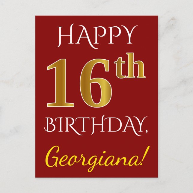 Postal Red, Faux Gold 16th Birthday + Nombre personalizad (Anverso)