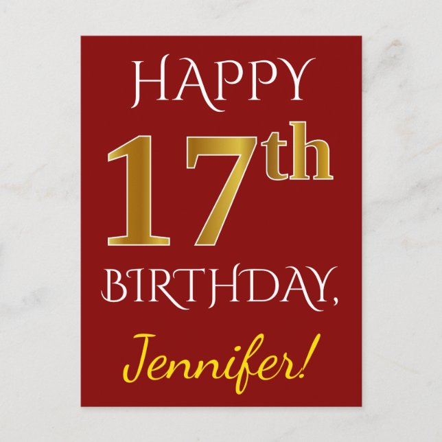 Postal Red, Faux Gold 17th Birthday + Nombre personalizad (Anverso)