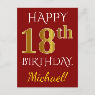 Postal Red, Faux Gold 18th Birthday + Nombre personalizad