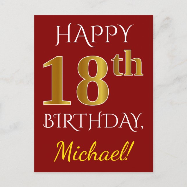 Postal Red, Faux Gold 18th Birthday + Nombre personalizad (Anverso)