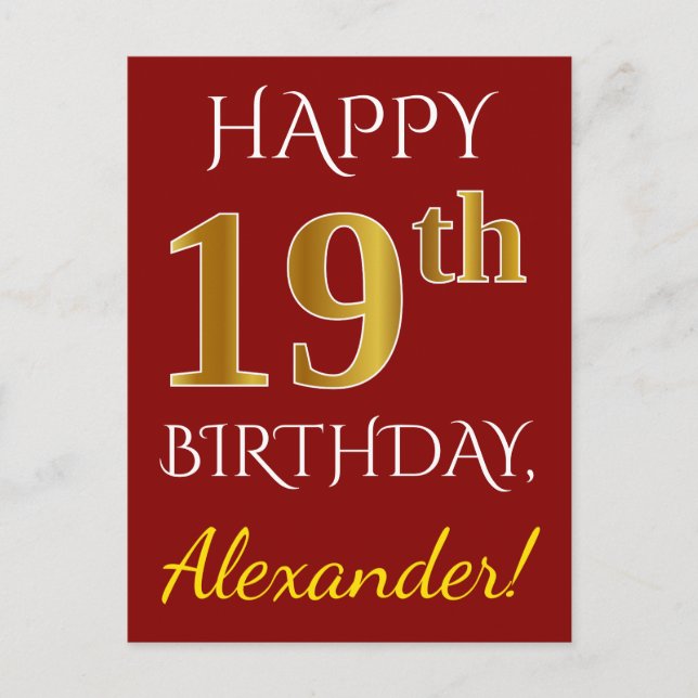 Postal Red, Faux Gold 19th Birthday + Nombre personalizad (Anverso)