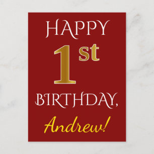 Postal Red, Faux Gold 1er cumpleaños + Custom Name Postca