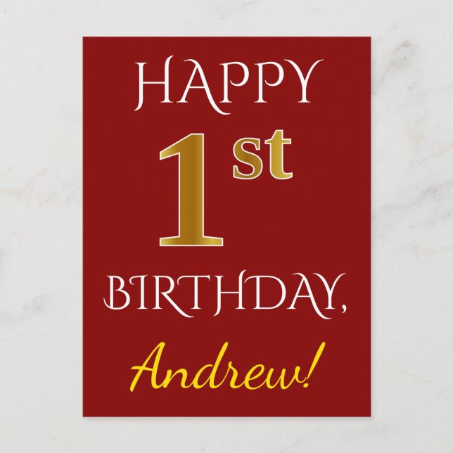 Postal Red, Faux Gold 1er cumpleaños + Custom Name Postca