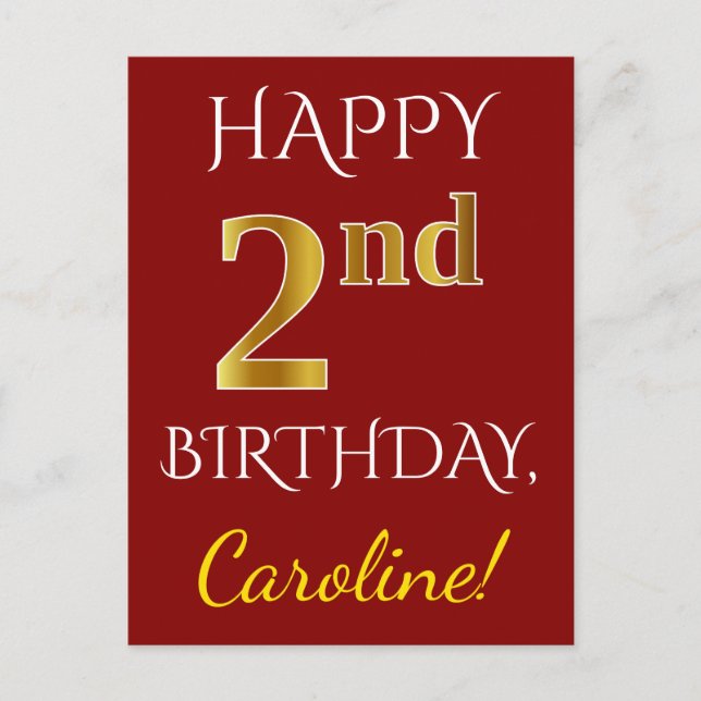 Postal Red, Faux Gold 2º cumpleaños + Custom Name Postcar (Anverso)