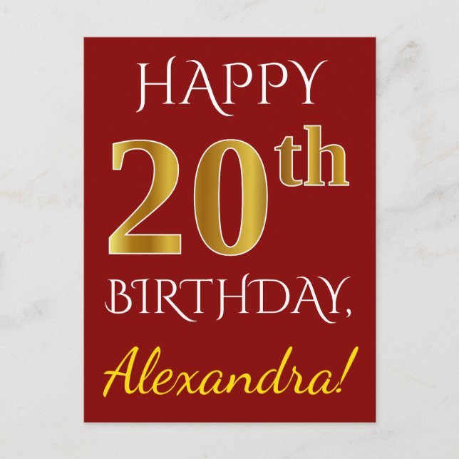 Postal Red, Faux Gold 20th Birthday + Nombre personalizad (Anverso)