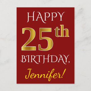Postal Red, Faux Gold 25th Birthday + Nombre personalizad
