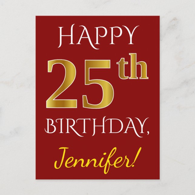 Postal Red, Faux Gold 25th Birthday + Nombre personalizad (Anverso)