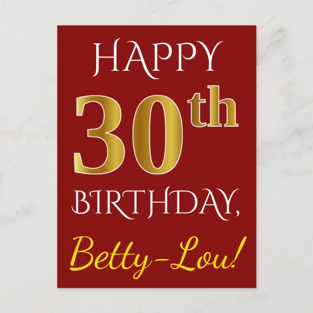 Postal Red, Faux Gold 30th Birthday + Nombre personalizad (Anverso)