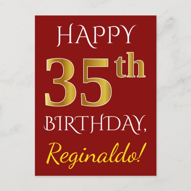 Postal Red, Faux Gold 35th Birthday + Nombre personalizad (Anverso)