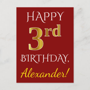 Postal Red, Faux Gold 3Birday + Custom Name Postcard