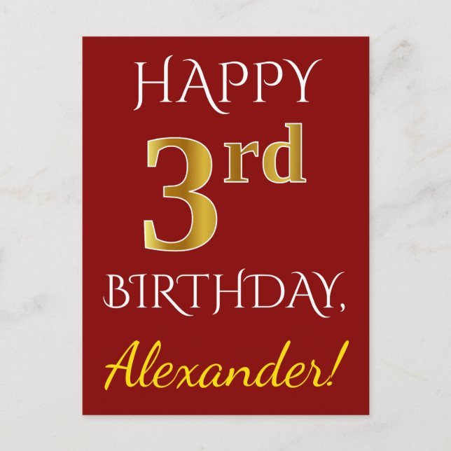 Postal Red, Faux Gold 3Birday + Custom Name Postcard (Anverso)