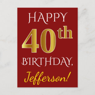 Postal Red, Faux Gold 40th Birthday + Nombre personalizad
