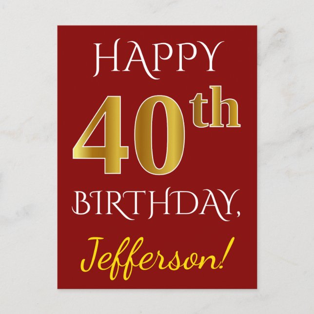Postal Red, Faux Gold 40th Birthday + Nombre personalizad (Anverso)