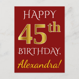 Postal Red, Faux Gold 45th Birthday + Nombre personalizad