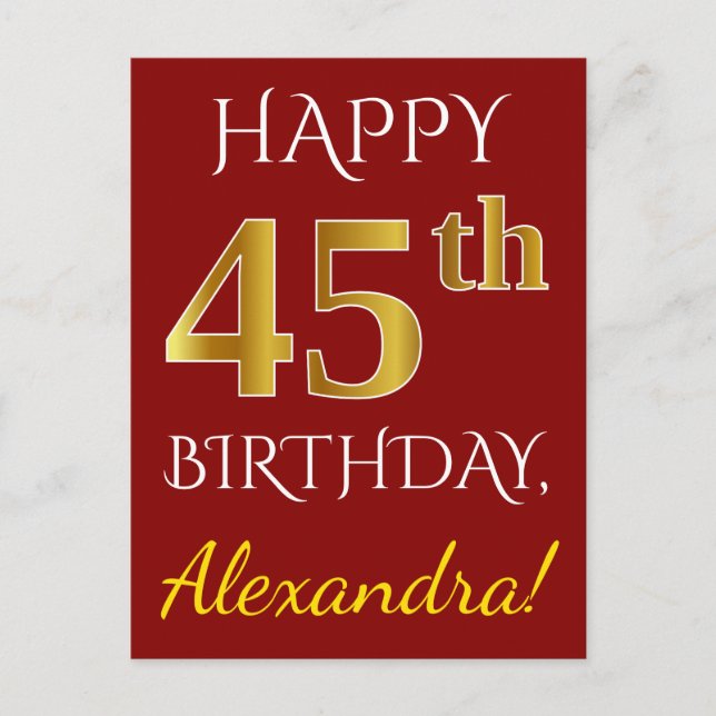 Postal Red, Faux Gold 45th Birthday + Nombre personalizad (Anverso)