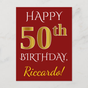 Postal Red, Faux Gold 50th Birthday + Nombre personalizad