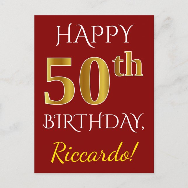Postal Red, Faux Gold 50th Birthday + Nombre personalizad (Anverso)