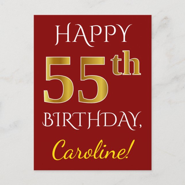 Postal Red, Faux Gold 55th Birthday + Nombre personalizad (Anverso)