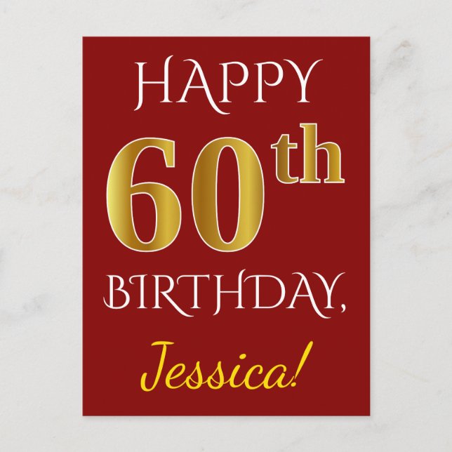 Postal Red, Faux Gold 60th Birthday + Nombre personalizad (Anverso)