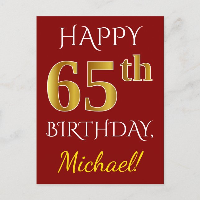 Postal Red, Faux Gold 65th Birthday + Nombre personalizad (Anverso)