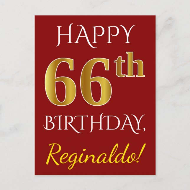 Postal Red, Faux Gold 66th Birthday + Custom Name (Anverso)